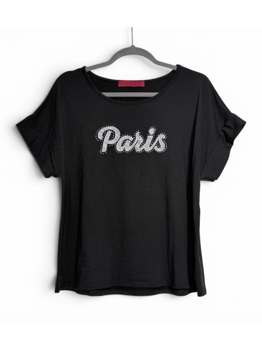Y2K Love Scarlett Black Embroidered Lace Paris T-Shirt w/ Rhinestones